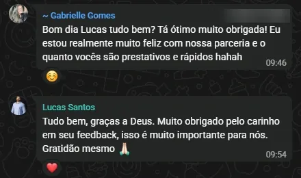 Cliente agradecendo a parceria e a rapidez do time