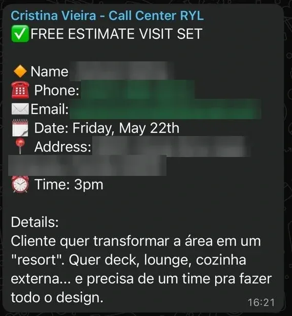 Estimate marcada pelo call center: cliente quer deck, lounge e cozinha externa