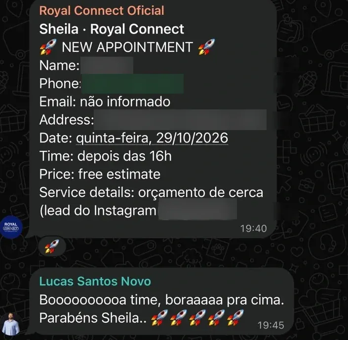Royal Connect avisando estimate marcada pra orçamento de cerca, com o time comemorando